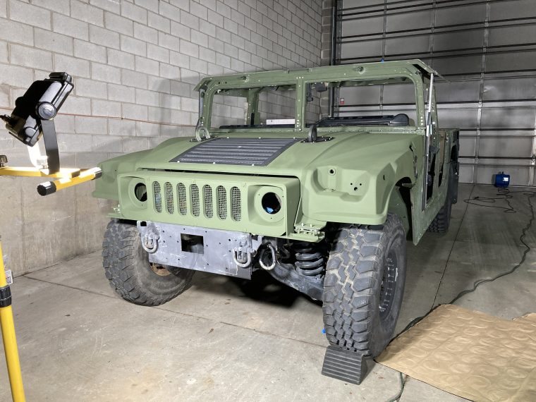 An M1152A1 two-door pickup Humvee in the shop